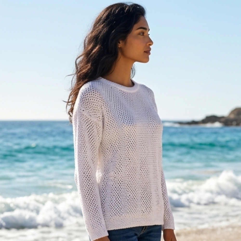 Ralph Lauren White Open Knit Sweater Beachy Boho Long Sleeve Large Great Condit - Picture 6 of 16